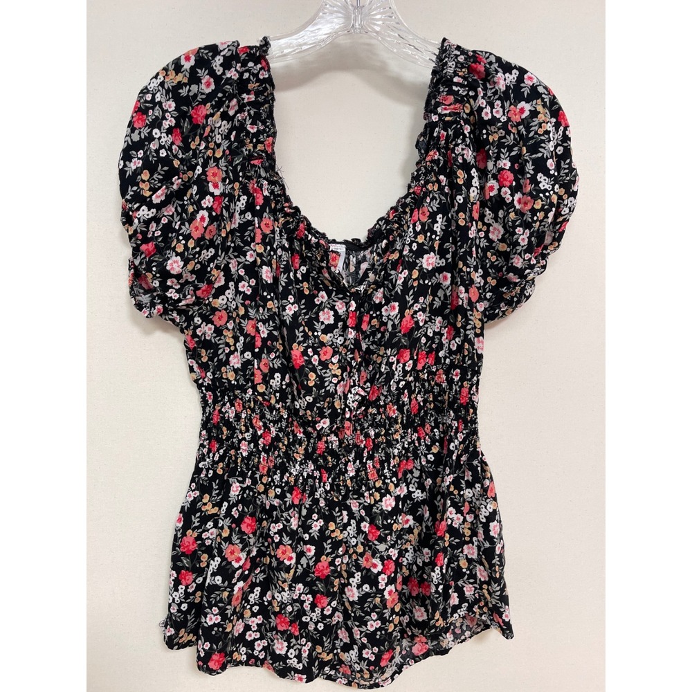 No Boundaries Floral Puff Sleeve Smocked Waist Top Black Pink XL 15-17